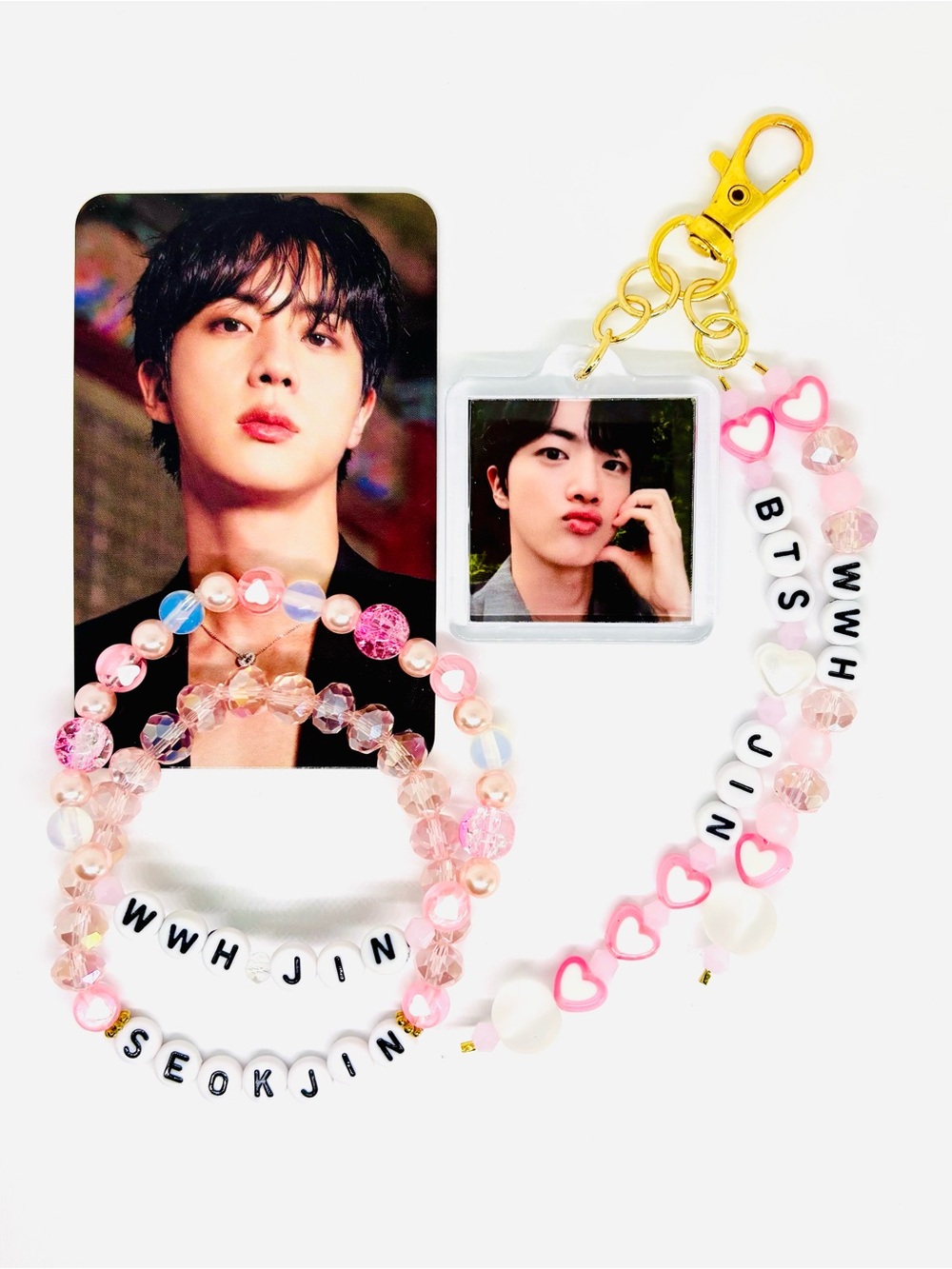 (4pcs) BTS JIN BIAS PHOTO KEYCHAIN BRACELET PHOTOCARD BUNDLE